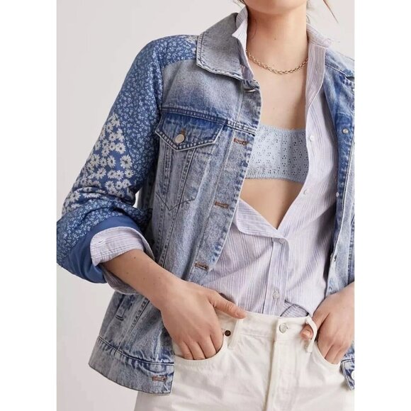 Anthropologie Avec Les Filles Patchwork Selvedge Denim Jacket Floral Chore Jean - Picture 1 of 15